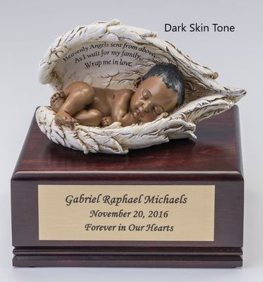 Baby in Angel Wings on Cherry Wood Urn  (dark skin tone)   U-BOB-BK