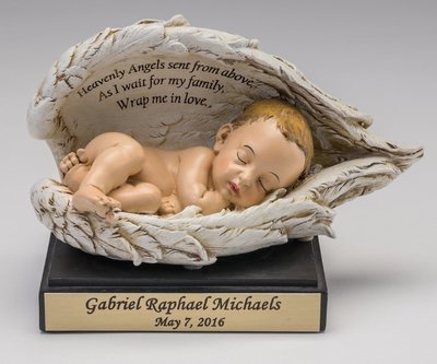 Baby in Wings Statue with Nameplate (light skin tone) M-NP-WH (This is not an urn)