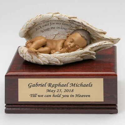 Baby in Angel Wings on Cherry Wood Urn  (Deep Medium skin tone)    U-BOB-HS