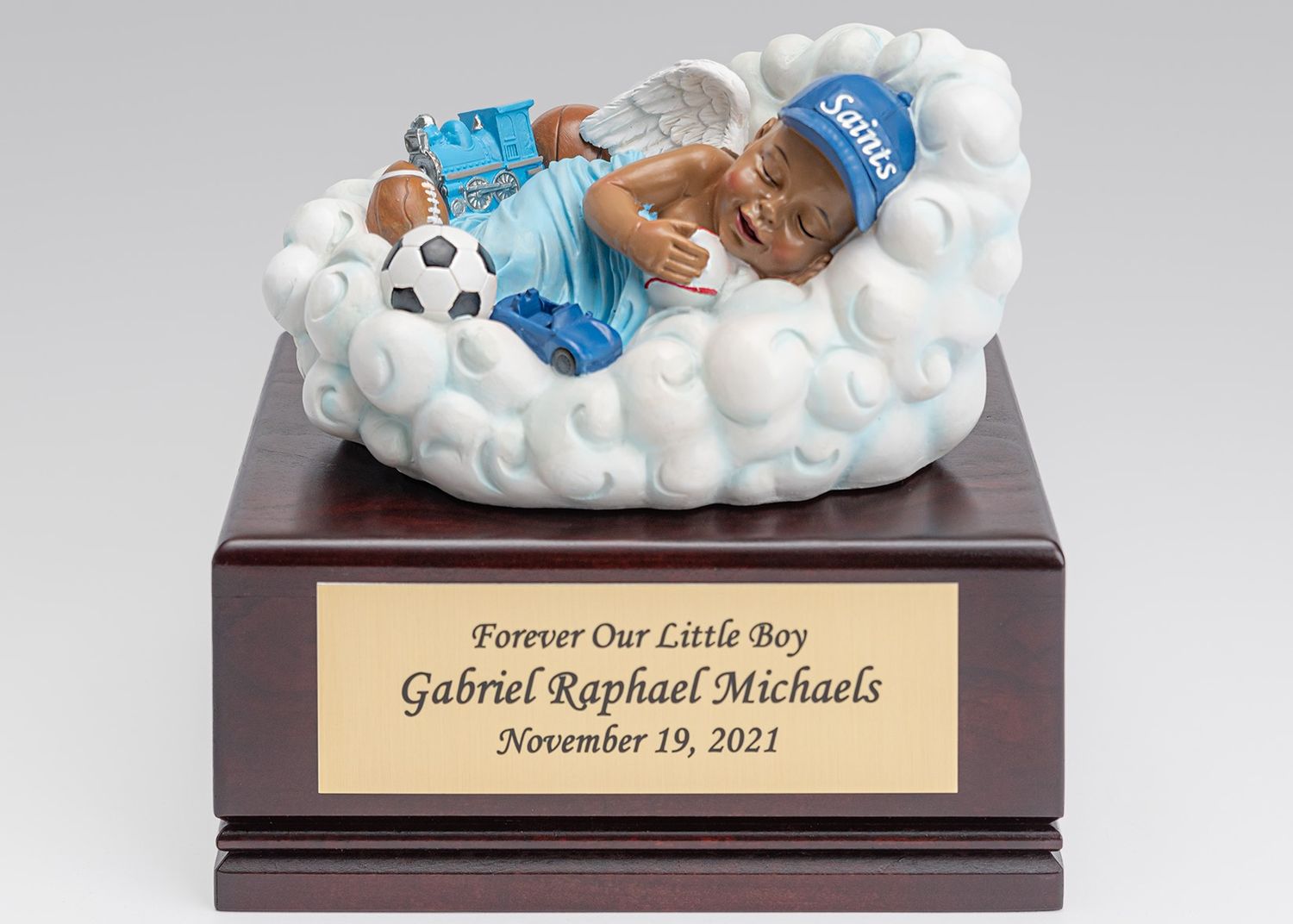 Baby Boy in Cloud on Cherry Wood Urn Box (Dark Skin Color) U-CLD-BOB-Dark