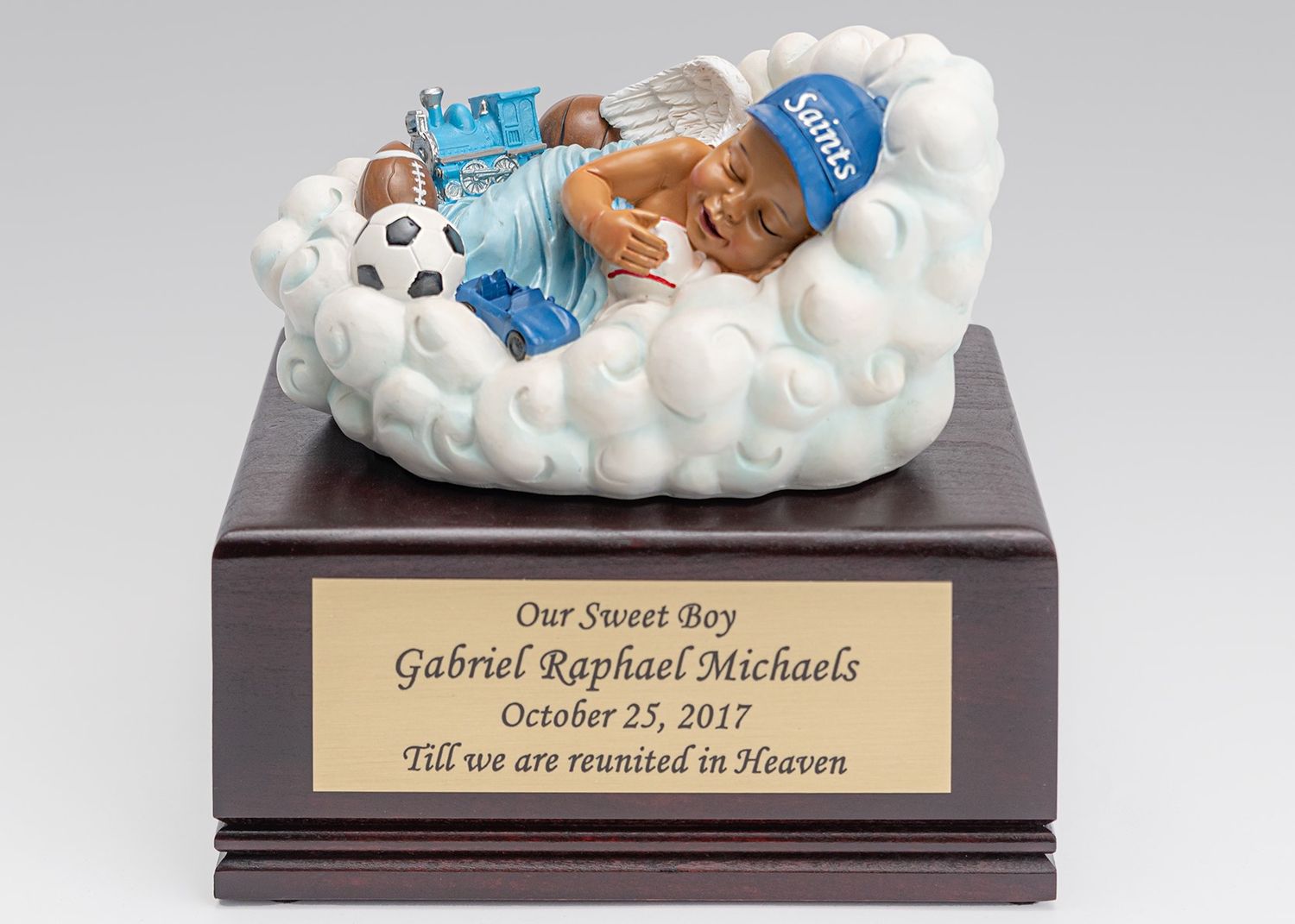 Baby Boy in Cloud on Cherry Wood Urn Box (Medium Skin Tone) U-CLD-BOB-Medium
