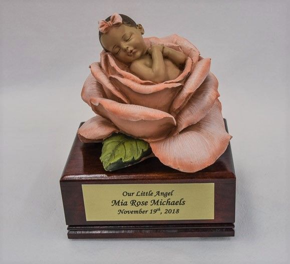 Baby Girl In Bloom On Cherry Wood Urn Box (Dark skin tone)    U-Bloom-BOB-Dark