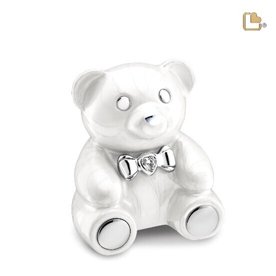 CuddleBearTM  Child Urn Pearl WHITE &amp; Polished Silver with Crystal by LoveUrns  (Capacity: 26 cubic inches)