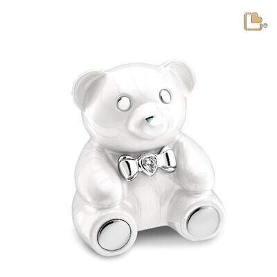 CuddleBearTM  Child Urn Pearl WHITE &amp; Polished Silver with Crystal by LoveUrns  (Capacity: 26 cubic inches)
