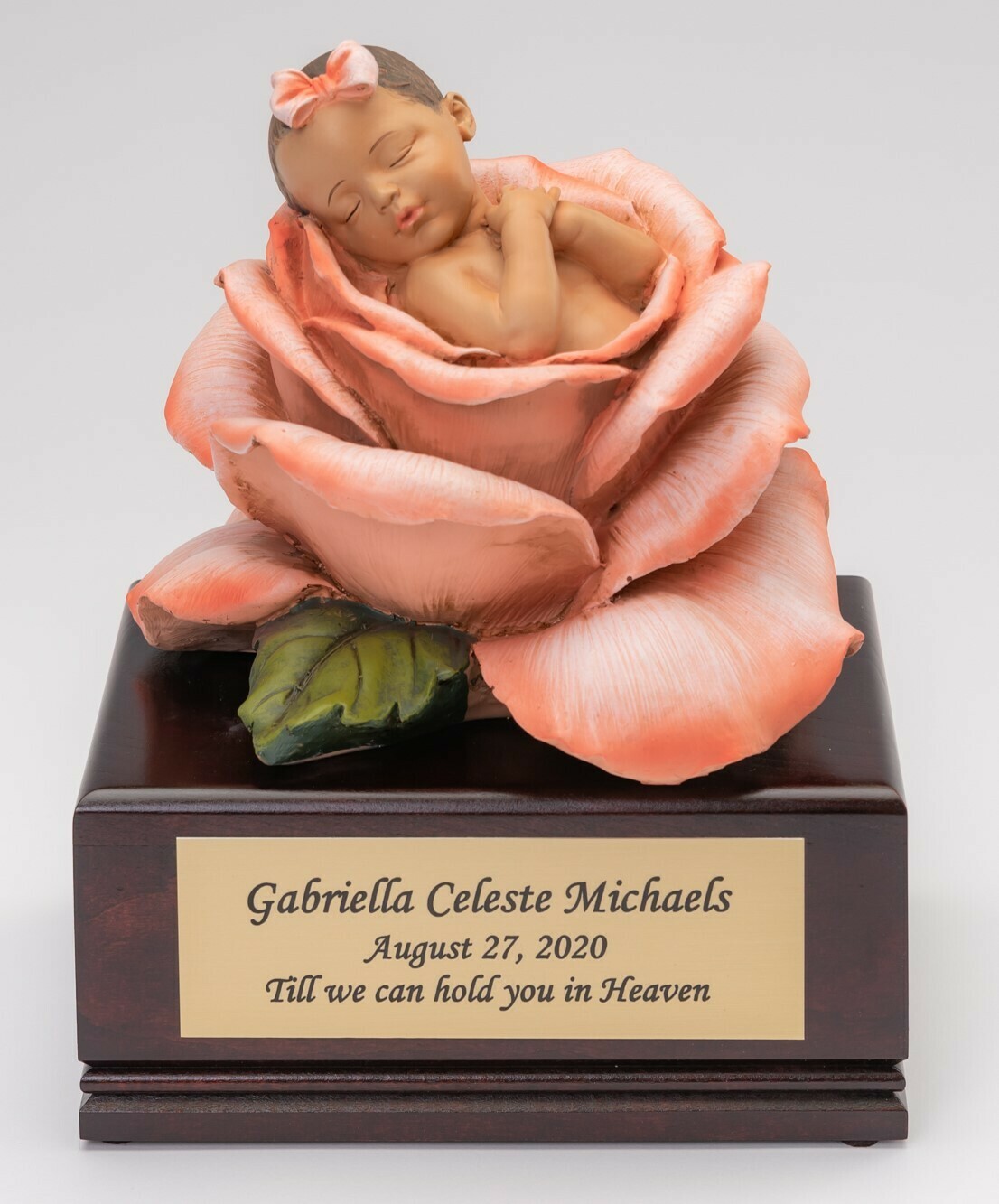 Baby Girl In Bloom On Cherry Wood Urn Box (Medium skin tone)    U-Bloom-BOB-Medium