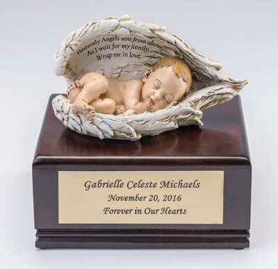 Baby in Angel Wings on Cherry Wood Urn (Light Skin Tone) U-BOB-WH
