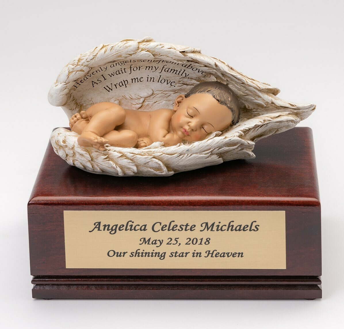 Baby in Angel Wings on Cherry Wood Urn (Light Brown Skin)   U-BOB-BRN