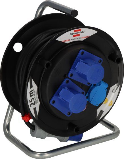 Avvolgicavo a tamburo con 25 mt di cavo 3 x 2.5 Spina: CEE/3 230V/16A, prese: 2x CEE/3 230V/16A e 1x 230V tipo F