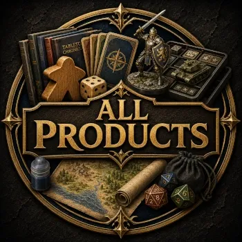 All Products emblem with books, cards, meeple, dice, miniature, tank, counter tray, map and gold lettering.