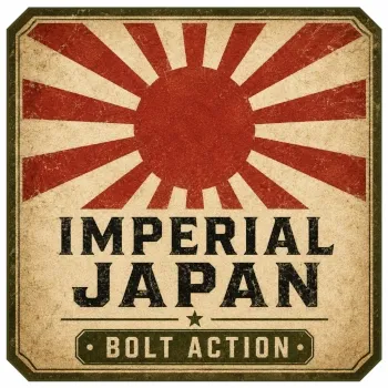 Bolt Action: Imperial Japan category logo with rising sun flag motif and vintage military-style text.