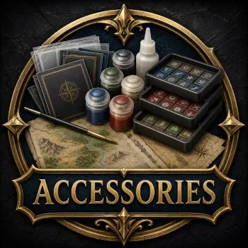 Accessories emblem with card sleeves, paint pots, glue bottle, counter trays, maps, brush and gold lettering.