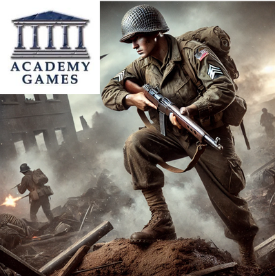 Academy Games category image with World War II soldier in urban combat and Academy Games logo.