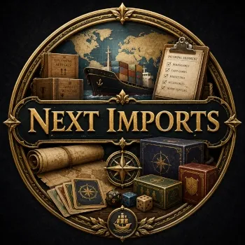 Next Imports emblem with cargo ship, shipping containers, world map, crates, incoming shipment checklist, game boxes, cards, 