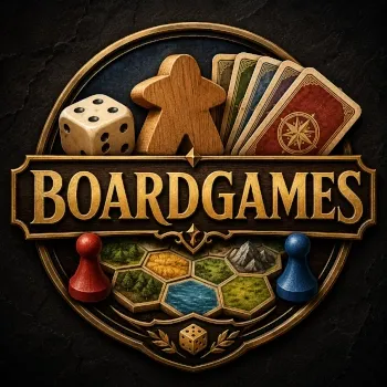 Boardgames emblem with gold lettering, dice, meeple, cards, pawns and hex tiles on a dark background.