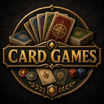 Card Games emblem with fanned cards, card decks, tokens, dice, suit symbols and gold lettering.