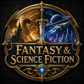 Fantasy &amp; Science Fiction emblem with dragon, castle, magic book, sword, spaceship, planet and gold lettering.