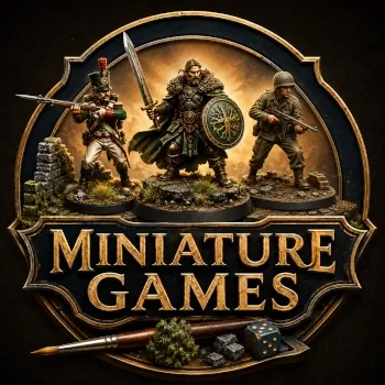 Miniature Games emblem with Napoleonic soldier, fantasy warrior, WWII soldier, dice, brush, terrain and gold lettering.