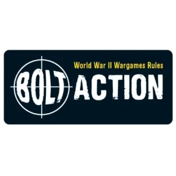 Bolt Action logo with white World War II wargame rules lettering and crosshair emblem on a dark background.