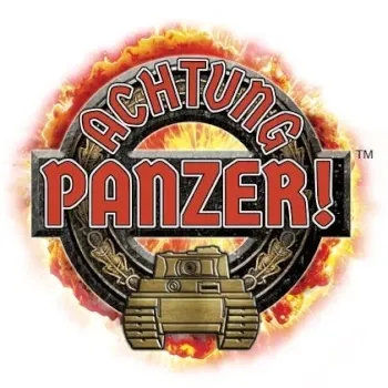Achtung Panzer! logo with red lettering, tank front, military roundel and fiery explosion background.