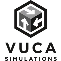 VUCA Simulations logo with stylised cube icon and white text on a dark background.