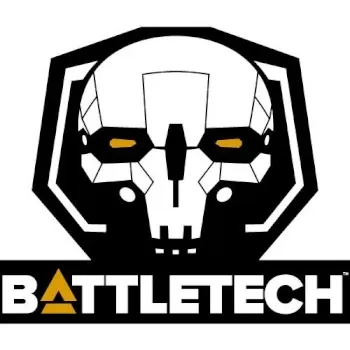 BattleTech logo with white Atlas BattleMech skull emblem, yellow eyes and bold black-and-white lettering.