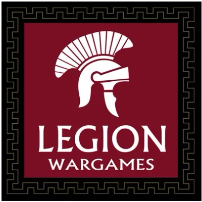 Legion Wargames logo with white Roman helmet emblem on a burgundy square with black border.