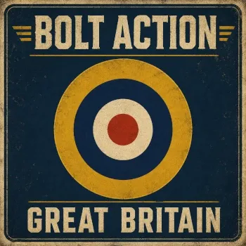 Bolt Action Great Britain category logo with RAF roundel in a vintage British military poster style.