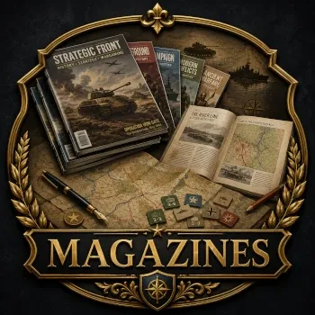 Magazines emblem with wargame magazines, open issue, maps, counters, pen, pencil and gold lettering.