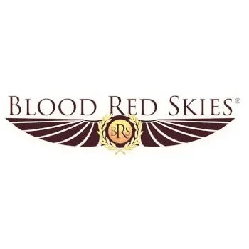 Blood Red Skies logo with elegant red lettering, winged emblem and gold BRS medal on a white background.