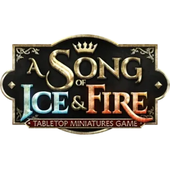 A Song of Ice and Fire: Tabletop Miniatures Game logo with medieval-style lettering on a dark fantasy plaque.