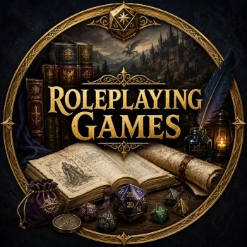 Roleplaying Games emblem with RPG books, open character sheet, dice, scroll, quill, lantern and gold lettering.