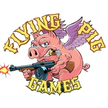Flying Pig Games logo with cartoon winged pig firing a machine gun and yellow curved text.
