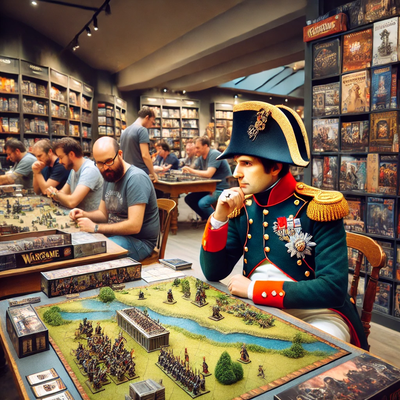 Napoleon-style strategist playing a miniature wargame in a busy board game shop.