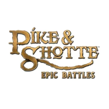 Pike &amp; Shotte Epic Battles logo with aged gold lettering and long pike decoration on a white background.