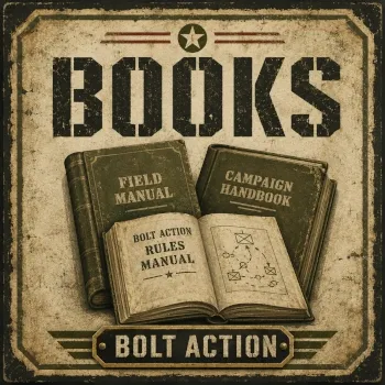 Bolt Action: Books category logo with rulebooks, campaign handbooks, and vintage military-style text.