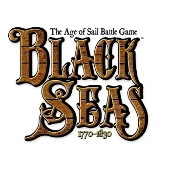Black Seas logo with aged wooden lettering and Age of Sail Battle Game subtitle.
