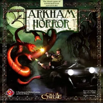 Arkham Horror: The Card Game artwork with investigator, car headlights, tentacled monster and horror title lettering.