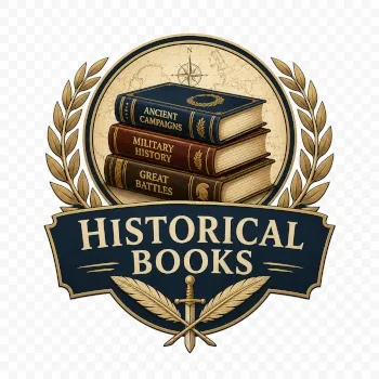 Historical Books emblem with stacked military history books, antique map, laurel branches, sword, and gold lettering.