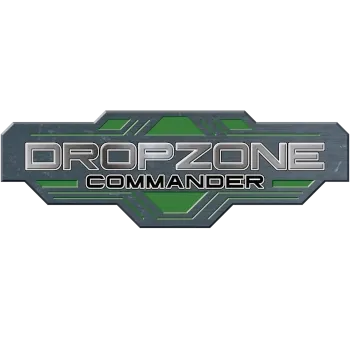 Dropzone Commander logo with metallic sci-fi lettering on a grey and green futuristic panel.