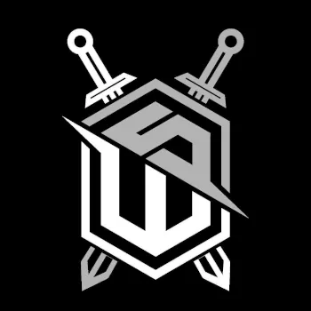 Warcradle Studios shield logo with crossed swords on a black background.