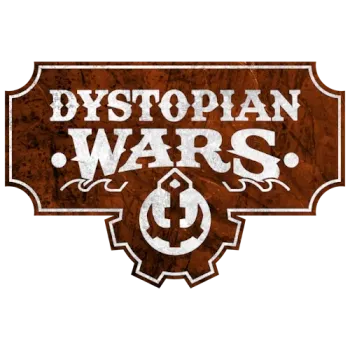 Dystopian Wars logo on a rusted metal sign with anchor emblem.