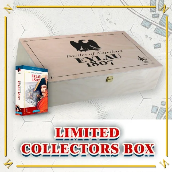 Limited wooden collector’s box for Battles of Napoleon: Eylau 1807, shown with the standard game box.
