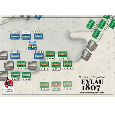 Counters on the snowy Eylau 1807 game map, showing French and Russian formations in battle.