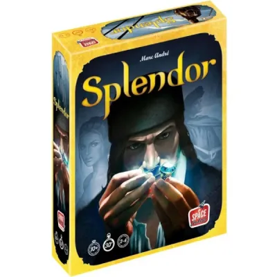 Splendor box front with gem merchant examining a jewel.
