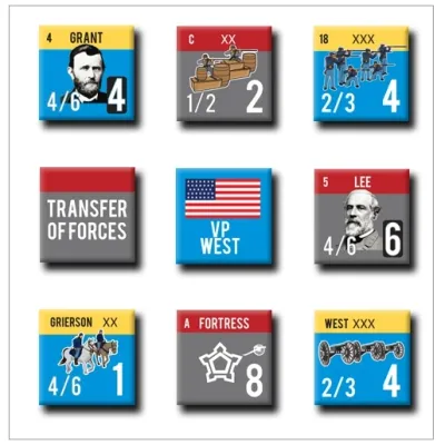 Strategy &amp; Tactics #297: 1863 game counters with leaders, armies, forts, flags, and markers.