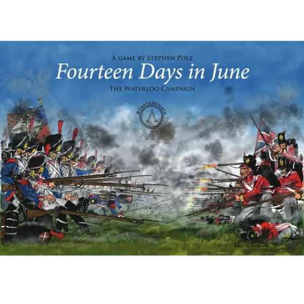 Fourteen Days in June Waterloo Campaign wargame cover with Napoleonic infantry firing through smoke.