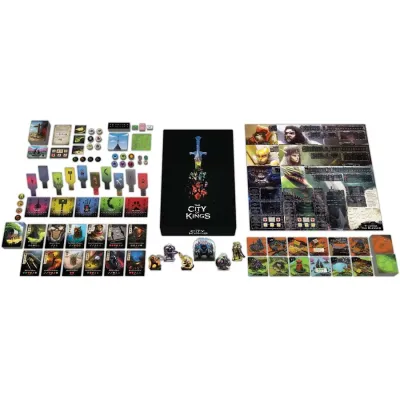 The City of Kings: Refreshed Edition contents with cards, tokens, boards, standees, and miniatures.