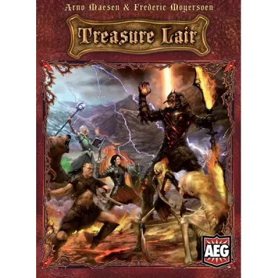 Treasure Lair card game box with fantasy heroes battling monsters in a lightning-filled lair.