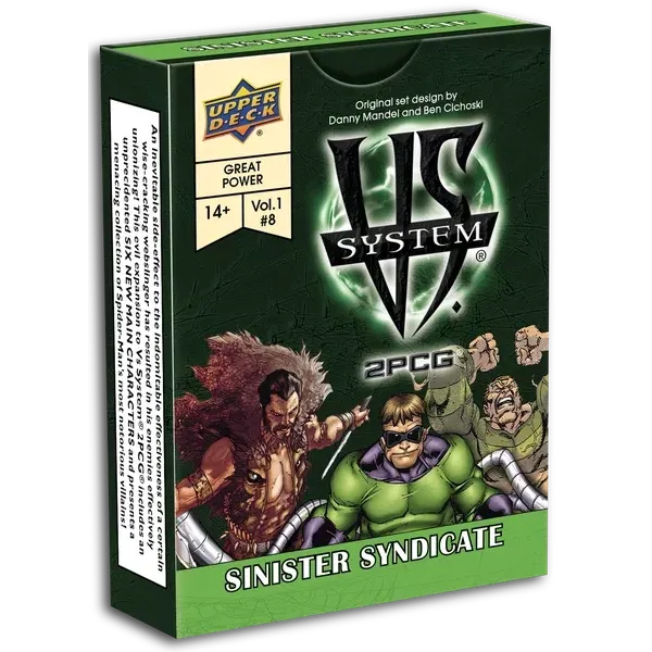 Vs. System 2PCG: Sinister Syndicate box front with Kraven, Doctor Octopus, Rhino, and other Marvel villains.