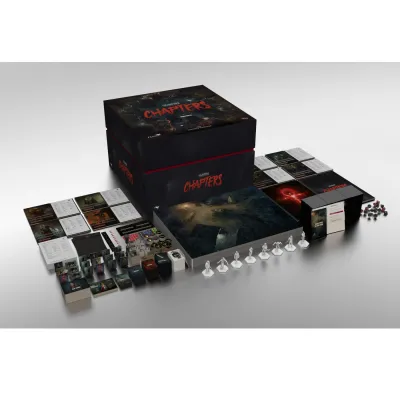 Vampire: The Masquerade – CHAPTERS core game contents with tiles, cards, dice, standees, and miniatures.